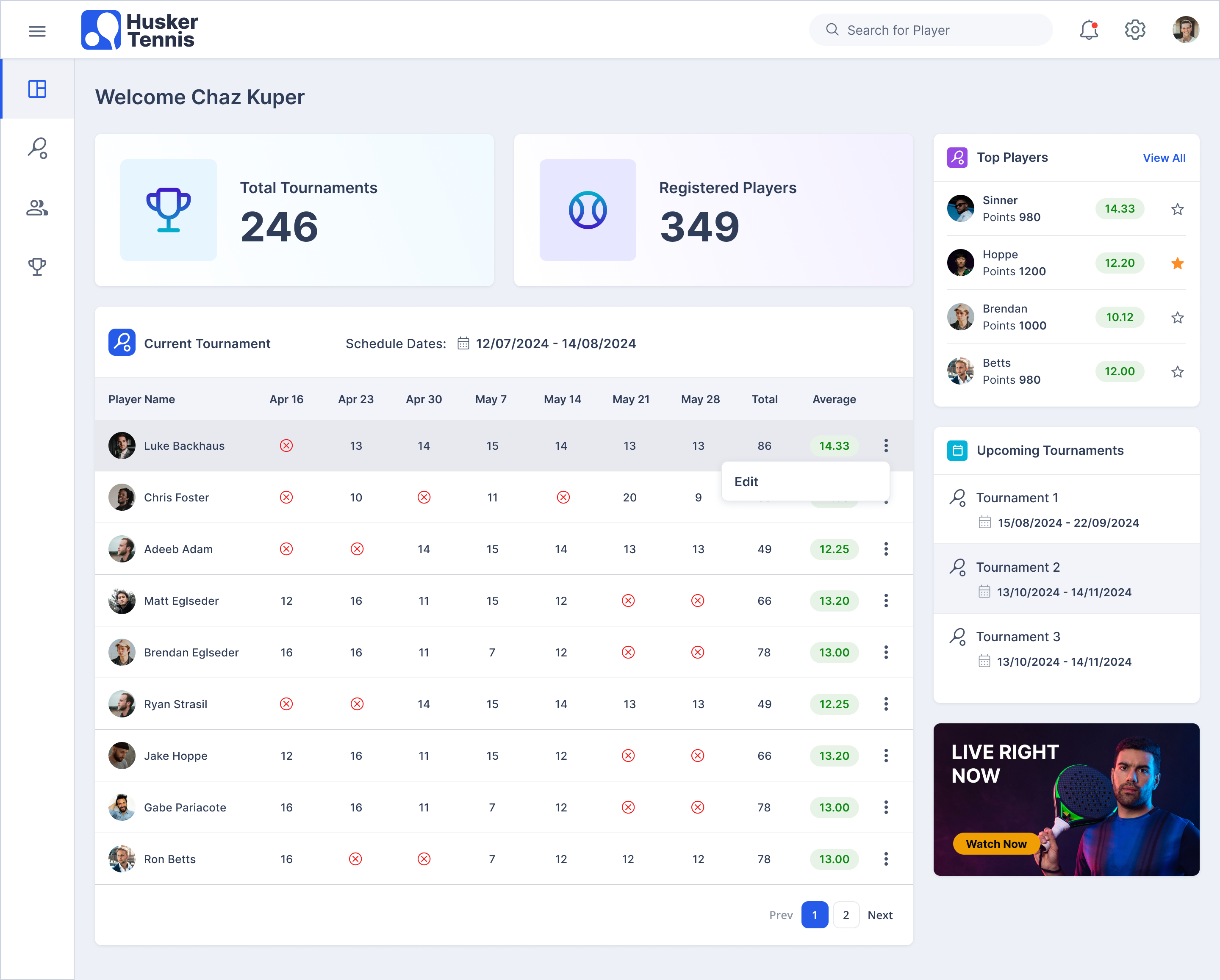 Tennis platform dashboard